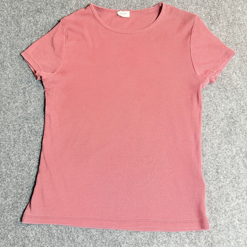 Cotton On Women's L 10 Ribbed T Shirt Coral Pink Stretch Fitted Short Sleeve